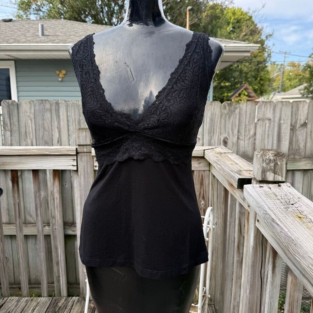 Wet Seal Black Lace Deep V Babydoll Tank Top Y2K Tie Back Cami